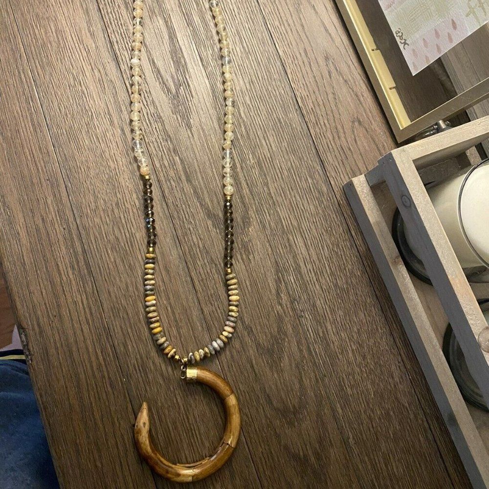 Beaded Wood Hoop Pendant Necklace - Natural Brown